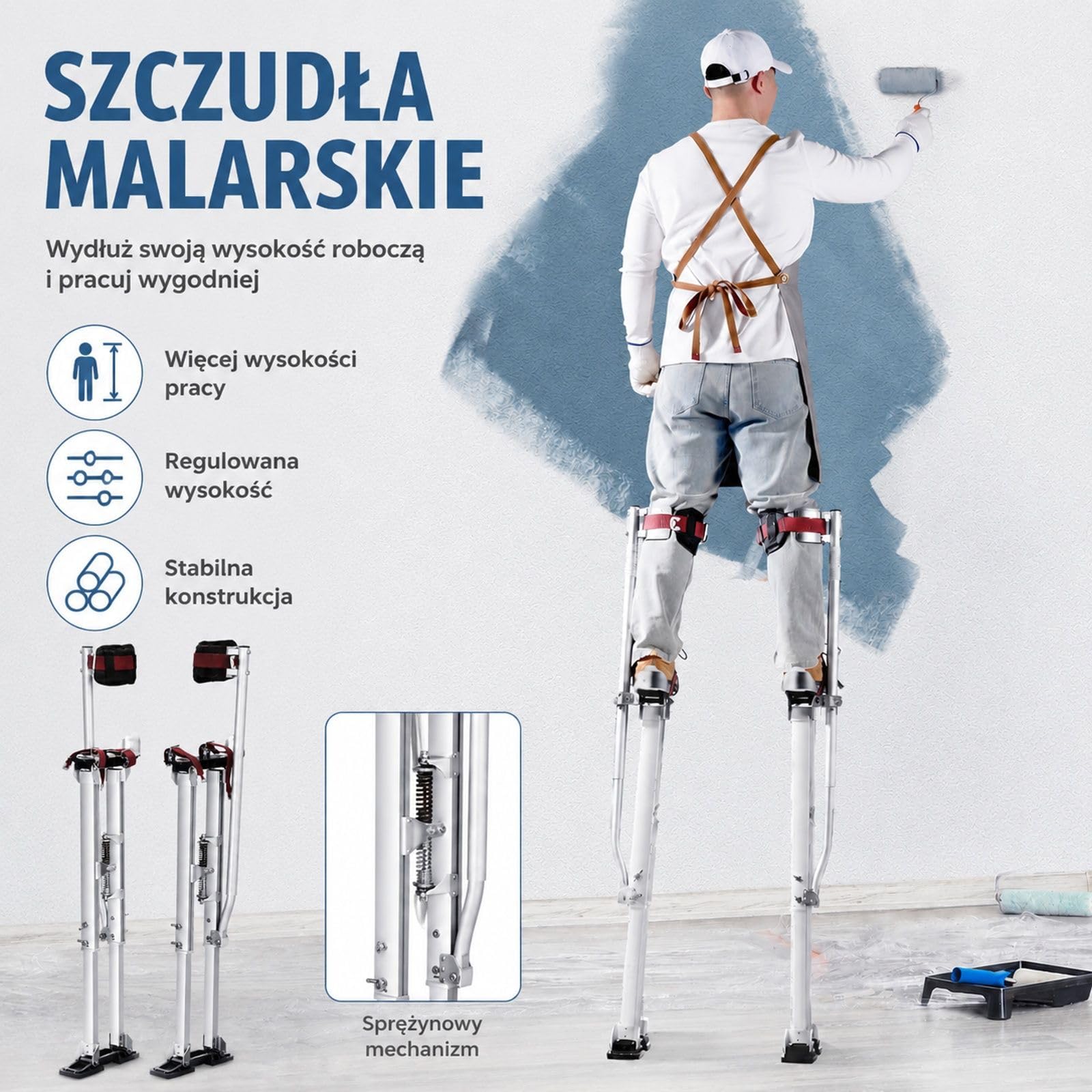 Aluminiowe szczudła robocze z regulowaną wysokością, metalowymi klamrami i teksturowaną gumową stopką, do płyt gipsowo-kartonowych, malowania, konstrukcji sufitu, przycinania drzew i prac