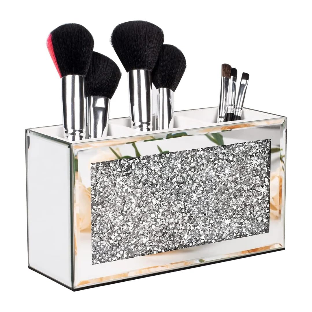 SHABJY Makeup Brush Holder Organiser, Crushed Diamond Mirror Jewel Beauty Box, 3 Compartments, 18cm