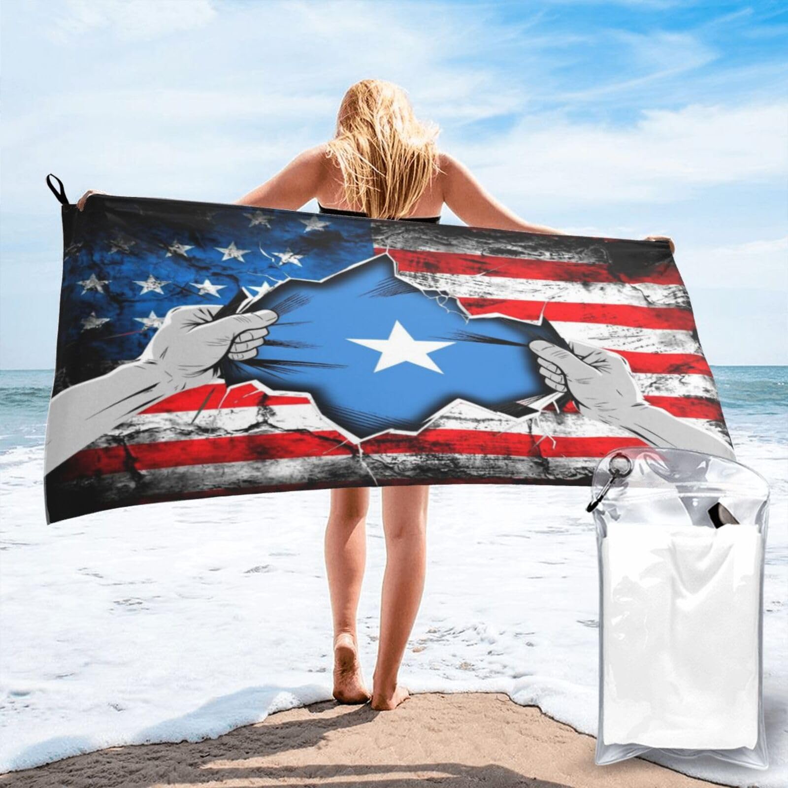 HACXZ American and Somalia Flag Vintage Beach Towel Lightweight Absorbent Beach Towel Microfiber 27.5"X55"