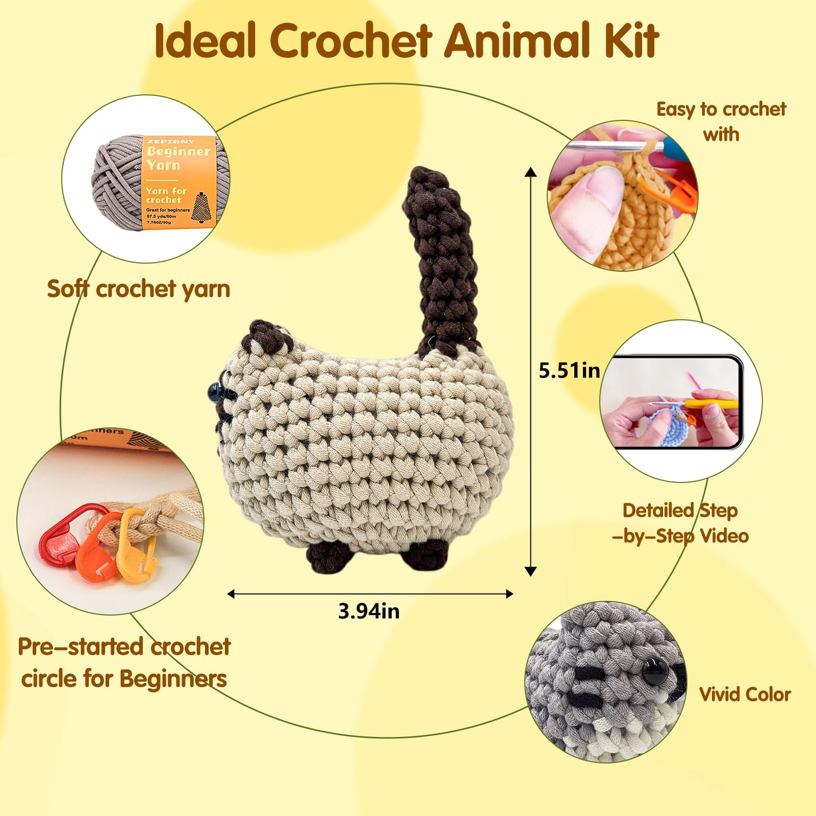 Zepiany Kit de ganchillo para principiantes, kit de ganchillo para adultos, amigurumi, animales de ganchillo, manualidades, kits de ganchillo para pasatiempos, kit de ganchillo fácil