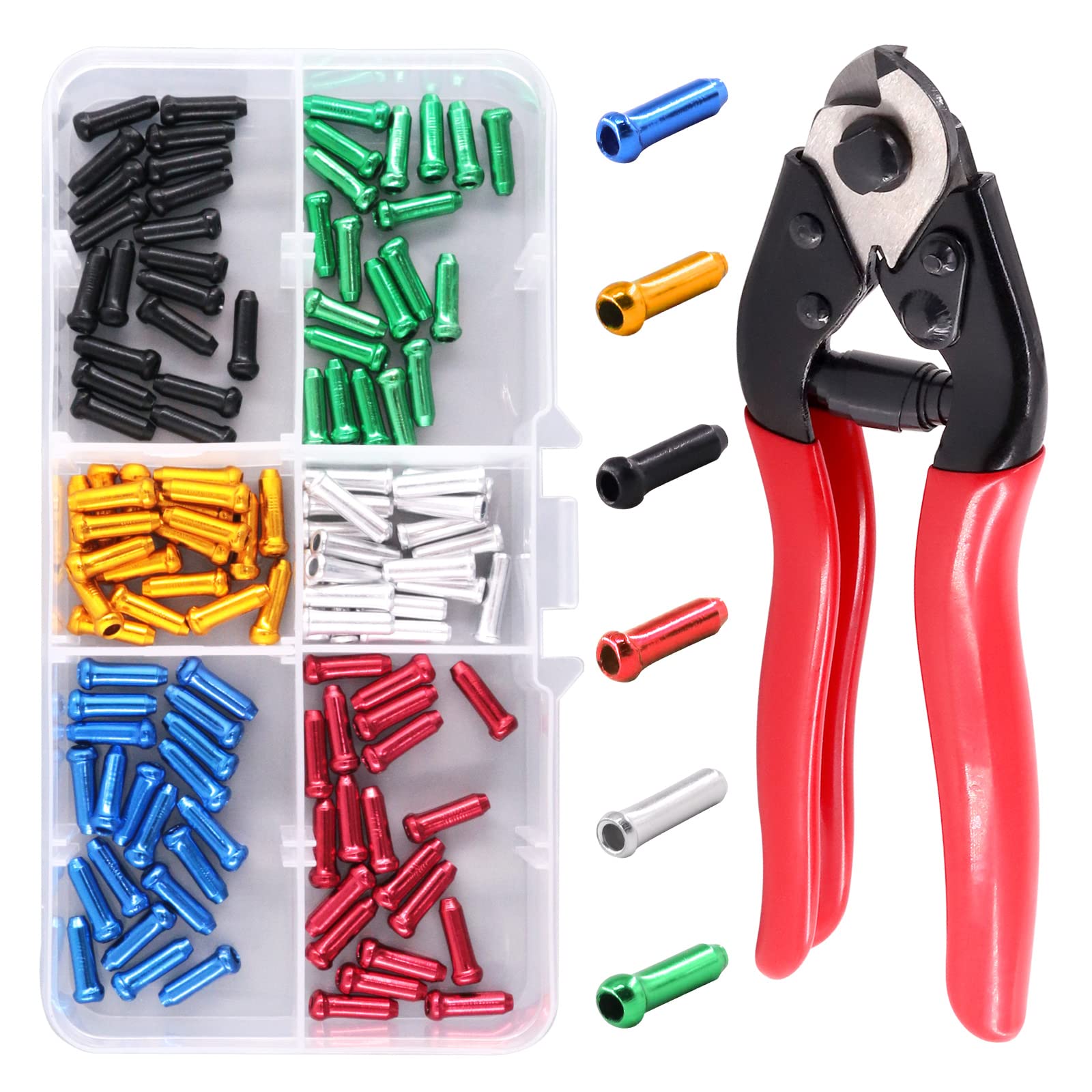 Swpeet 121Pcs Heavy Duty Cable Cutter Wire Rope Stainless Steel Aircraft Up to 5/32" with 6 Colors Aluminum Alloy Cable End Crimps Assortment Kit, Bike Brake Cable Caps for Bicycles Bikes