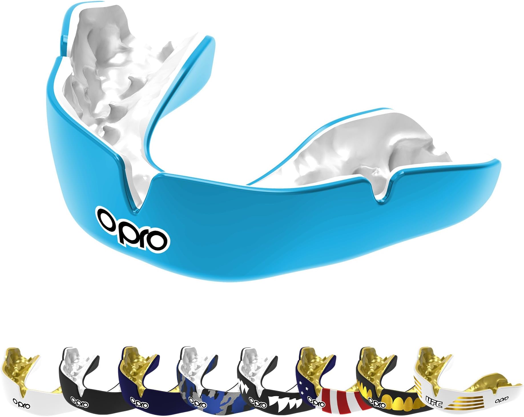 OPRO Mouthguard [Instant Custom Fit] Sports Mouthpiece Made in UK [Official Store] (Adult, Sky Blue & White)