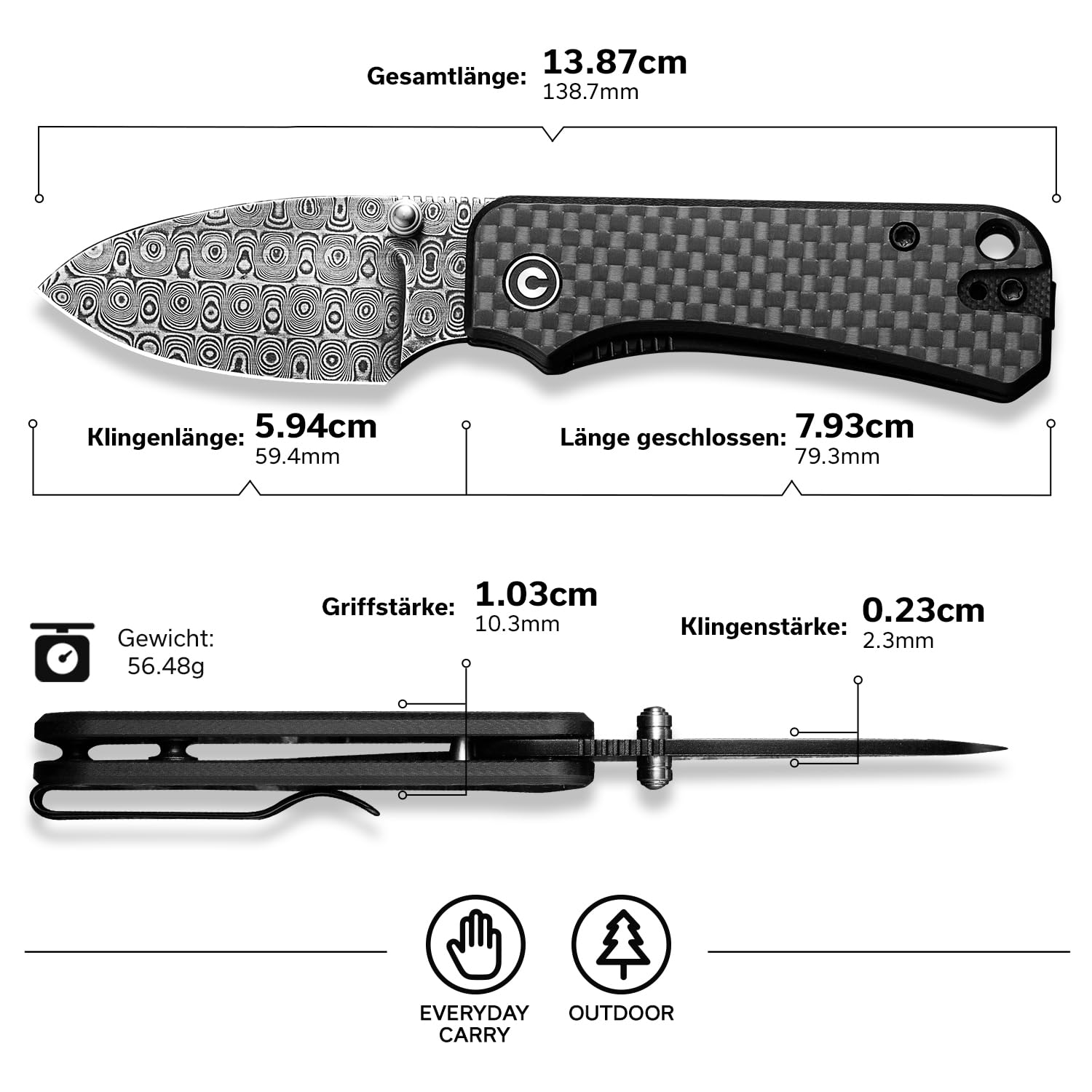 CIVIVI Baby Banter Taschenmesser Klappmesser mit 5,94cm Damastklinge, Kohlefaser- und G-10 Griff, Outdoor-Messer mit Clip C19068S-DS1