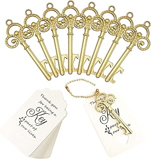 WODEGIFT 100 pcs Wedding Favors/Party Favors Key Bottle Opener,Vintage Skeleton Key Bottle Openers Necessary for Large Wedding, Bottle Openers with Escort Tag Cards and Key Chains (Gold)