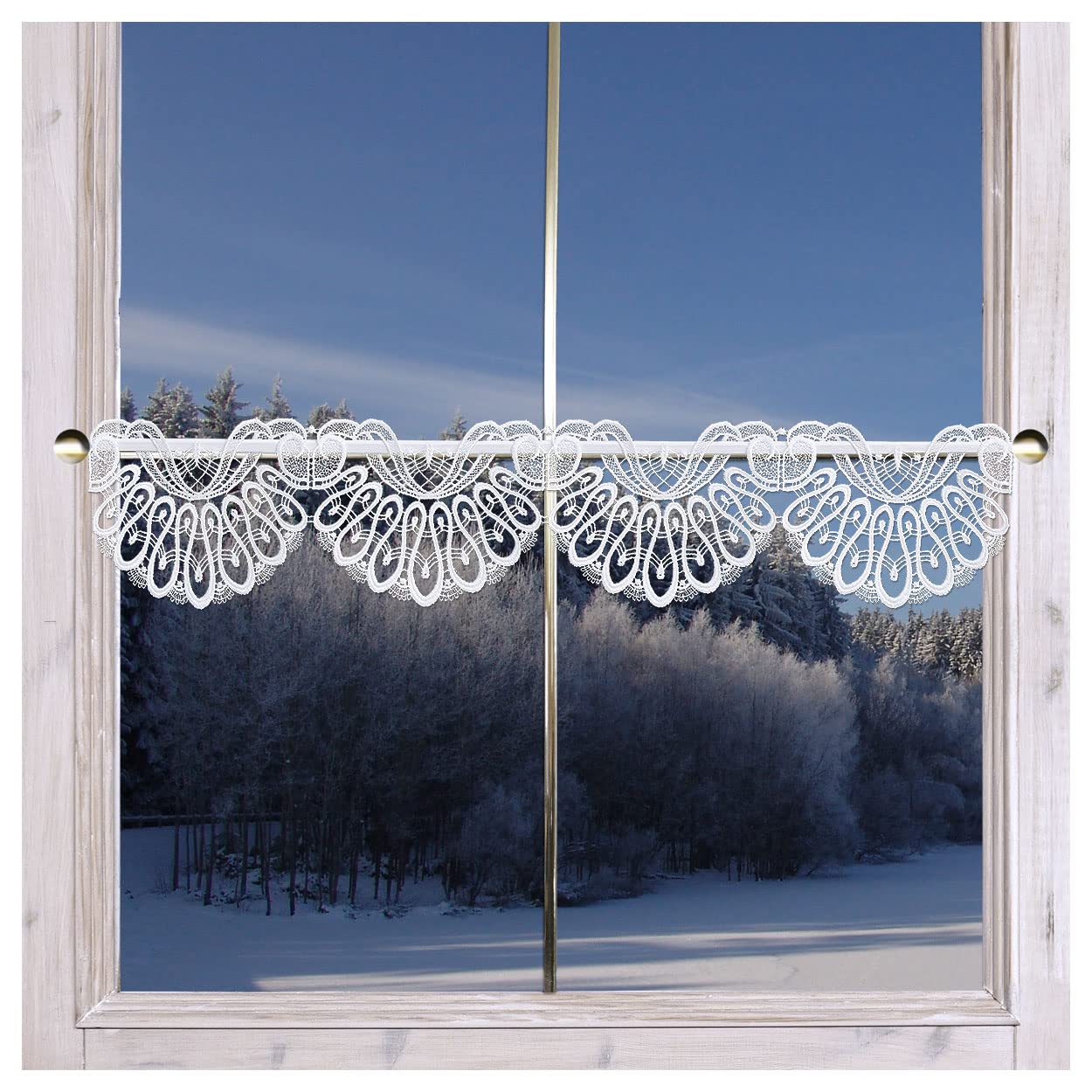 Klassische Feenhaus-Spitzengardine Elisa Plauener Spitze weiß Schiebenhänger mit geschwungenem Band 15 cm hoch