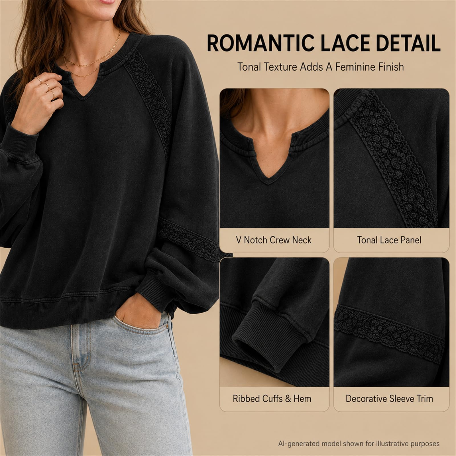 Damska bluza oversize, dekolt w serek, koronkowe rękawy z lampionami | Koronkowy patchwork, dekolt w serek, raglanowe rękawy, luźny krój, prążkowany brzeg, styl wiosna-jesień