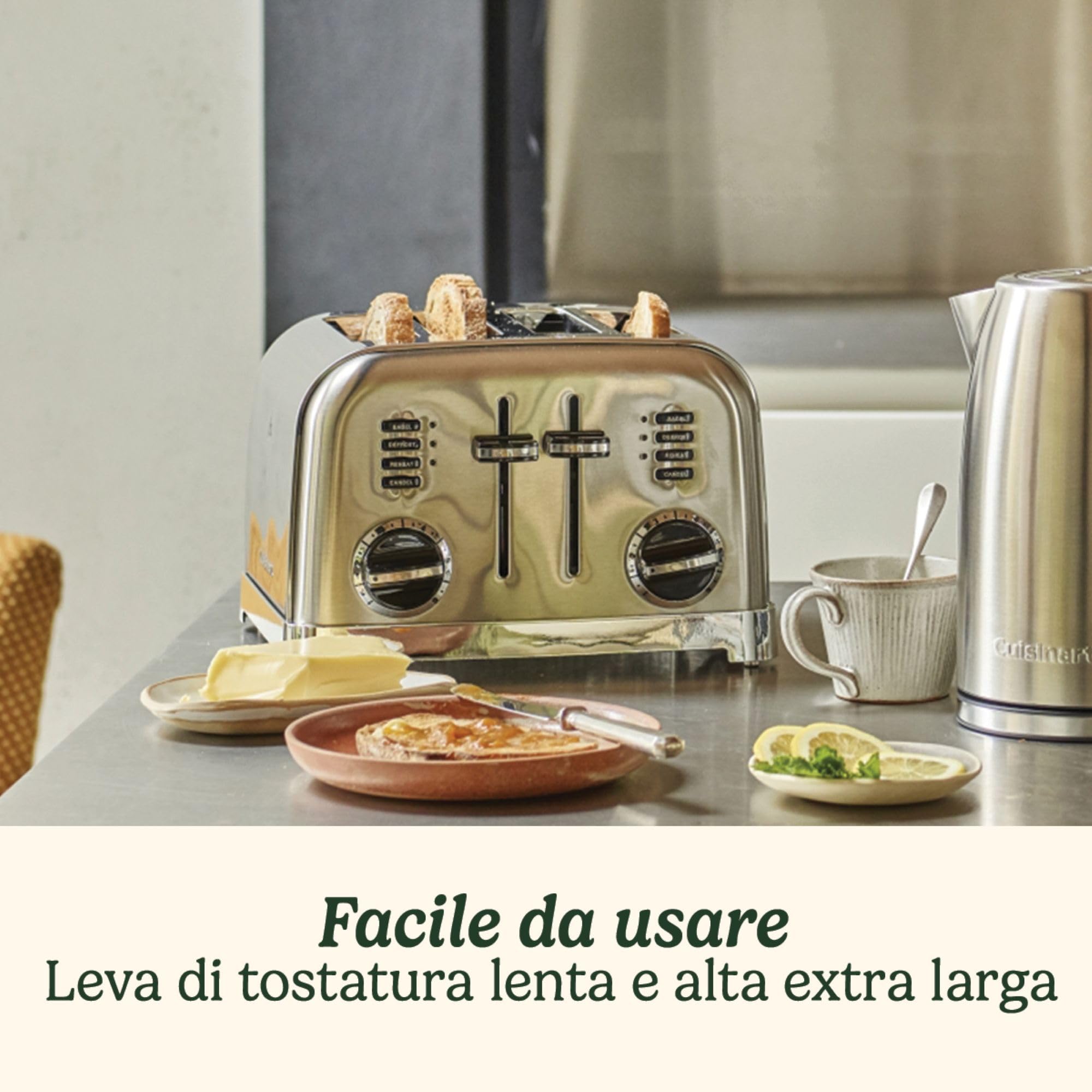 Tostapane 4 fette Cuisinart CPT180E , Acciaio inox, Funzione Bagel, Funzione Scongelamento, Funzione Riscaldamento, 6 Livelli di tostatura