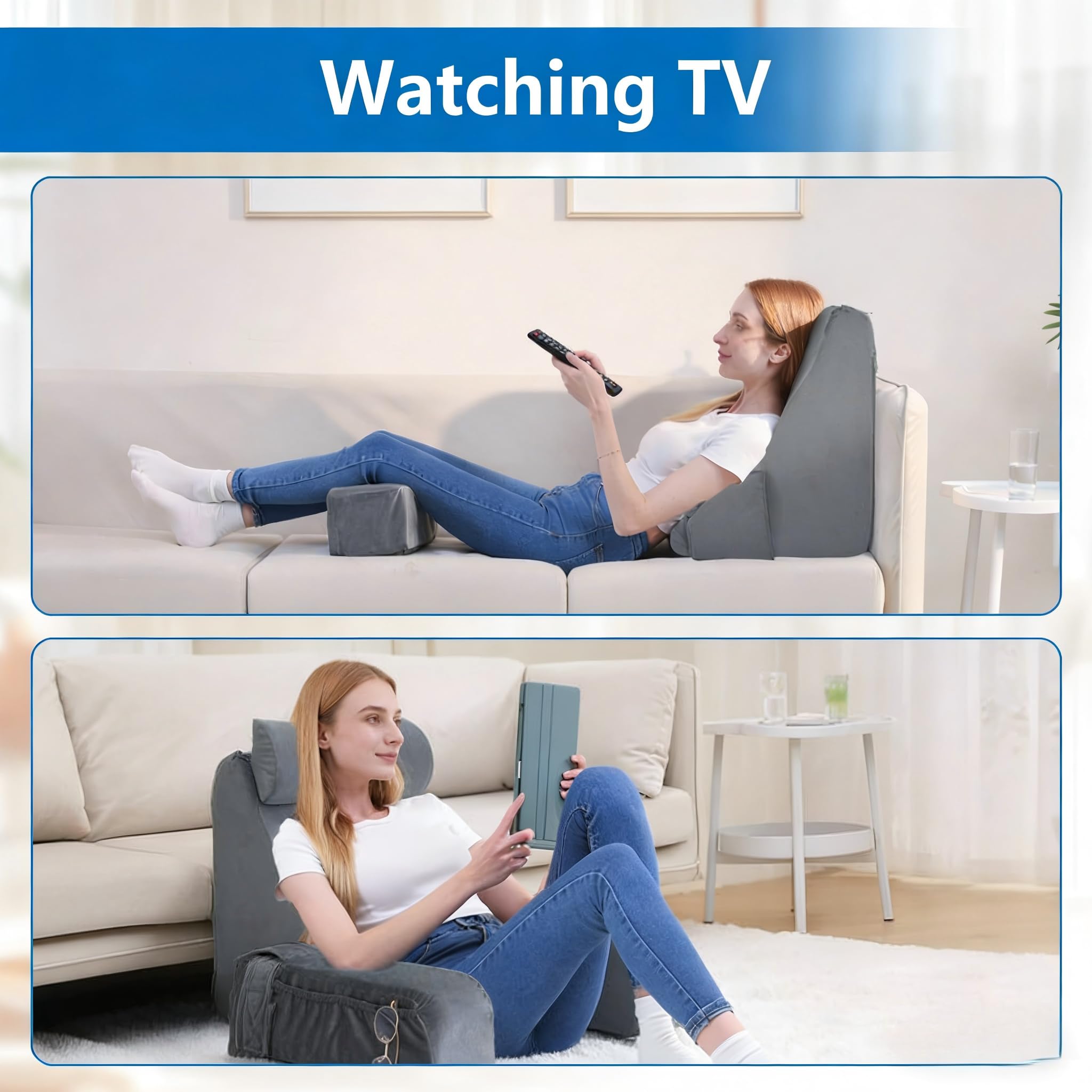 Poduszka do czytania na łóżko i sofę, poduszka pod plecy z podłokietnikami i poduszką pod głowę, ergonomiczny design 45°, poszewka nadająca się do prania, poduszka do siedzenia, oparcie na