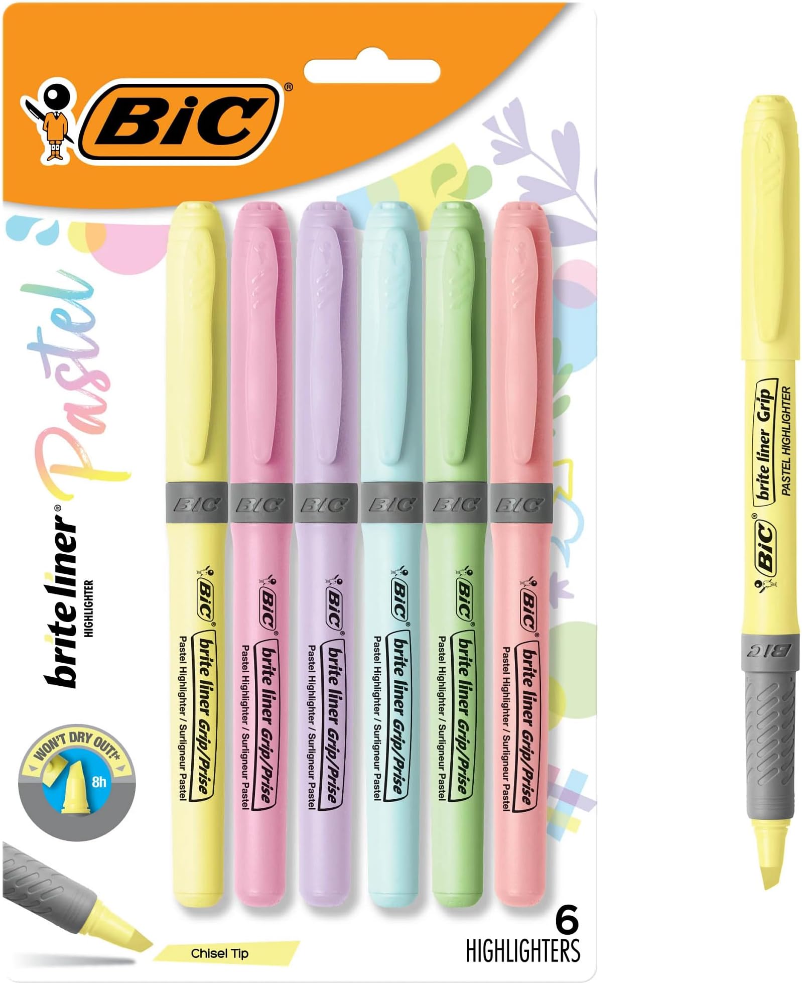 BIC Brite Liner Grip Pastel Highlighter Set, Chisel Tip, 6-Count Pack of Pastel Highlighters in Assorted Colors, Cute Highlighters for Bullet Journaling, Note Taking and More