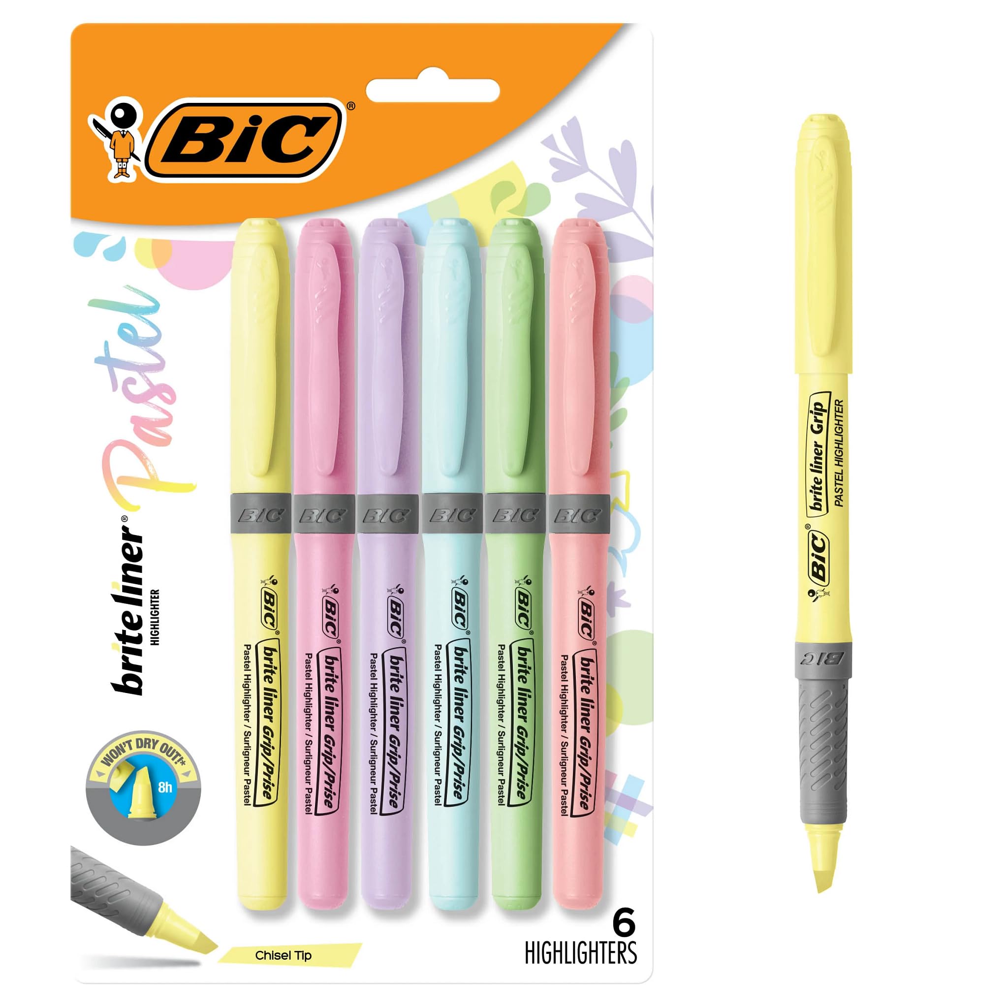 BIC Brite Liner Grip Pocket MINI Highlighter, Pastel Ink Colors, Chisel Tip, 6 Count (Pack of 1)