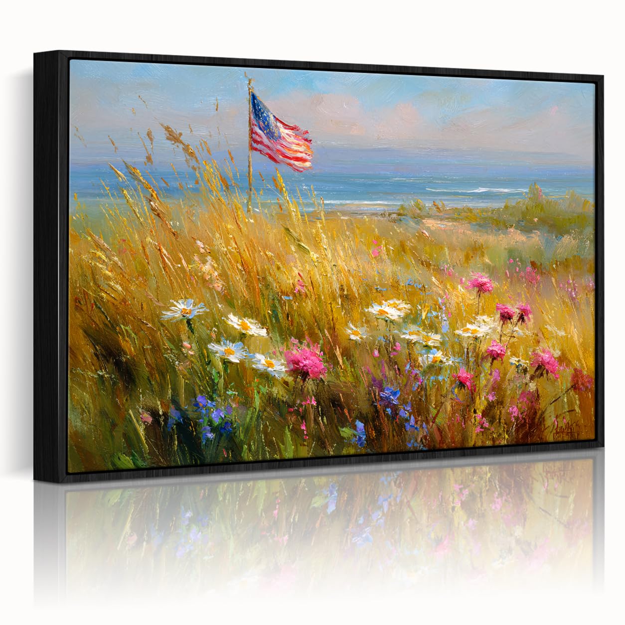 American Flag Framed Canvas Wall Art, 4th of July Floral Canvas Prints