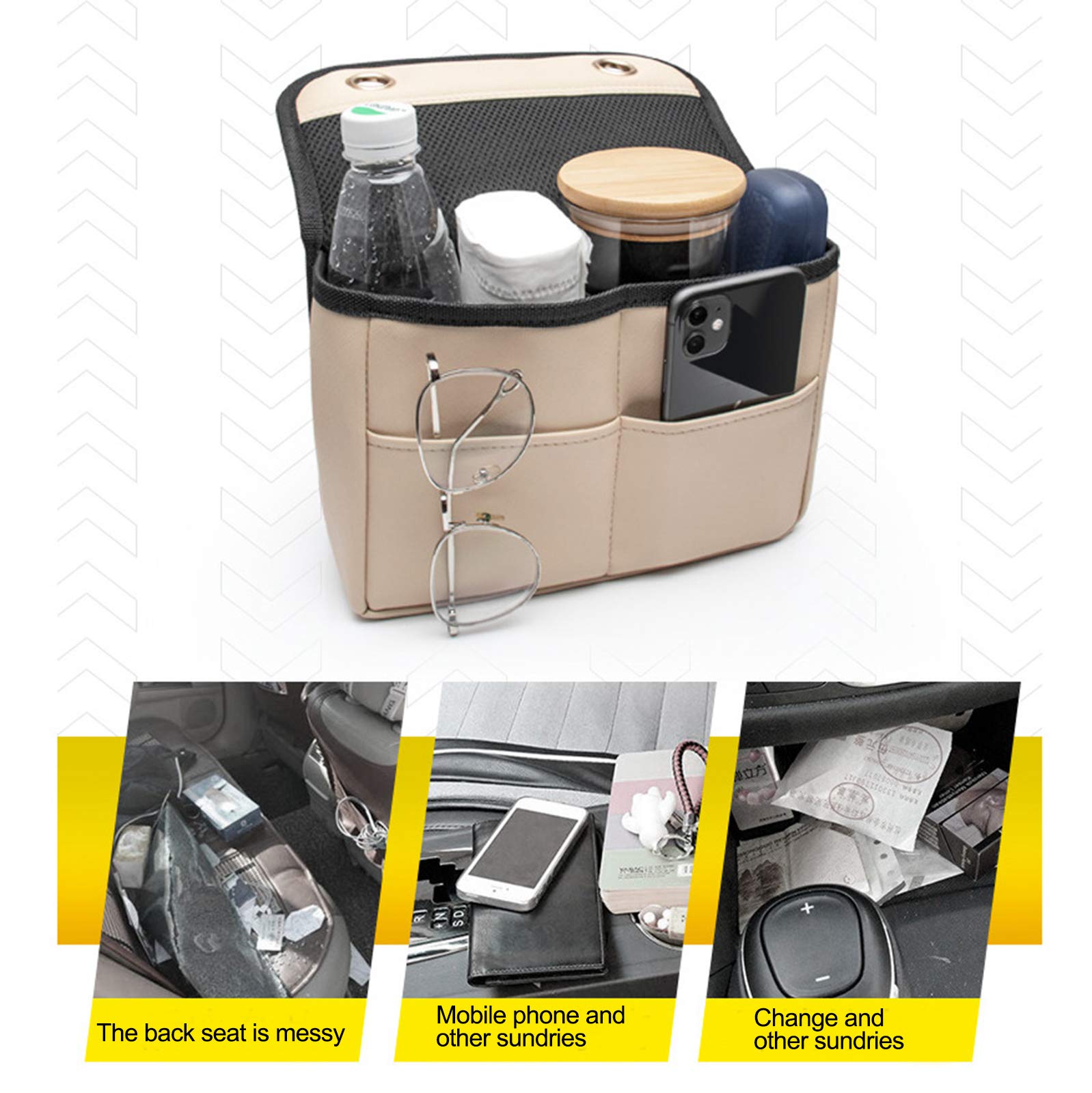 VXAR Pochette De Rangement Portable En Cuir Pour Pare-soleil De Voiture Noir 3 Mailles 2P