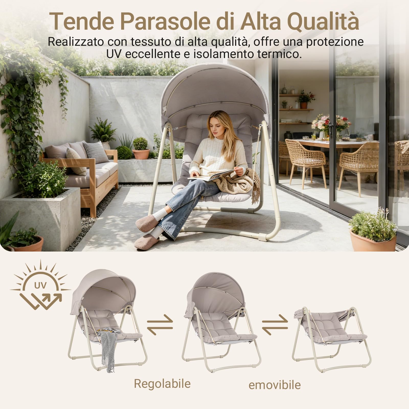 Sobuy Dondolo da Giardino Poltrona Relax Sedia a Dondolo Altalena Divanetto da Esterno Amaca da Giardino Poltrona Sospesa Beige 108x126x163 cm OGS62-MI