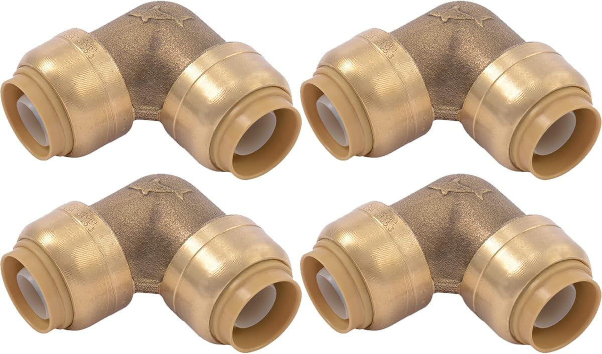 SharkBite Codo de 90 grados de 1/2 pulgada, paquete de 4, accesorio de plomería de latón a presión, tubería PEX, cobre, CPVC, PE-RT, HDPE, U248LFA4
