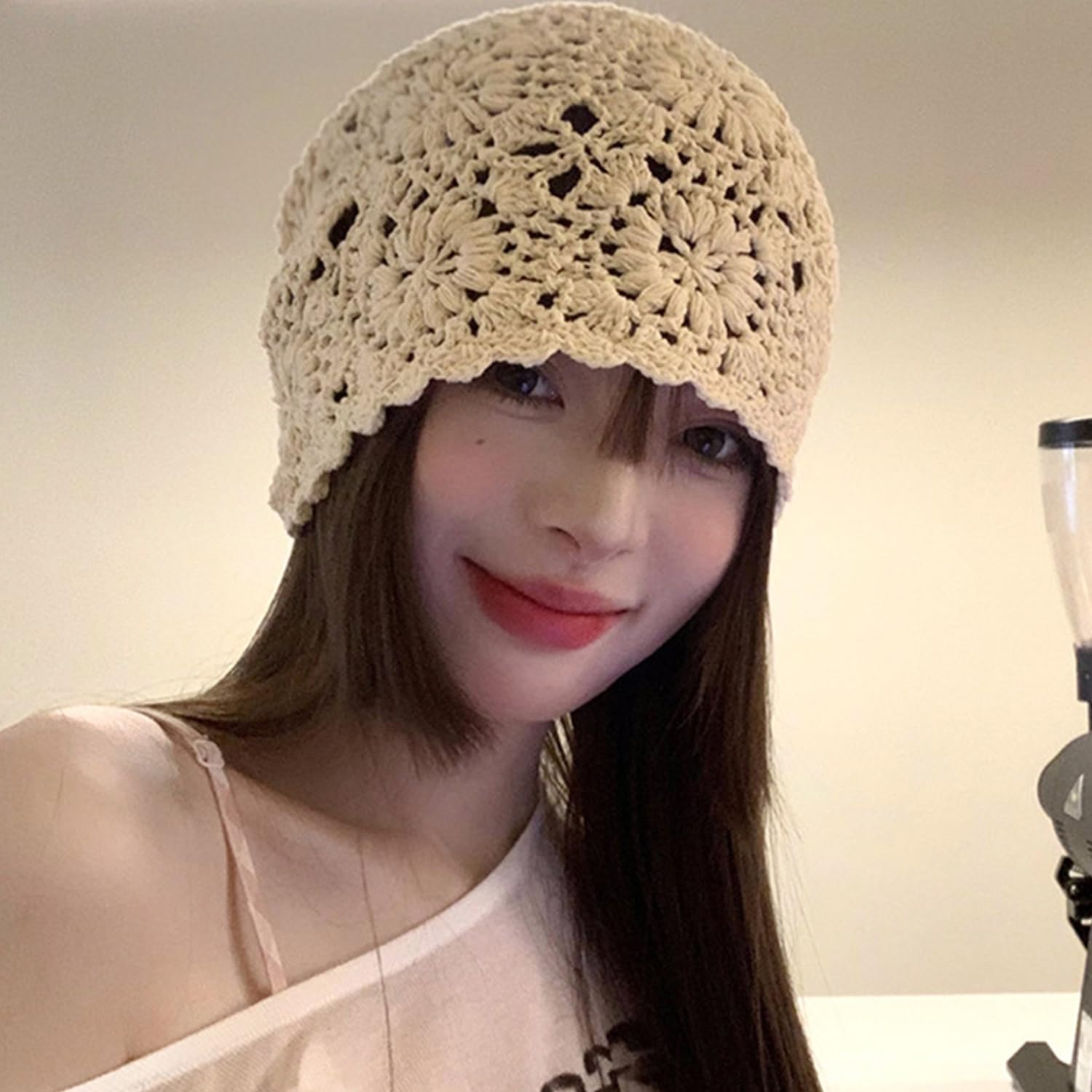 1 gorro de punto de algodón, gorro suelto de verano, gorro de algodón fino, gorro de ganchillo, puntera para mujer, adecuado para diferentes formas de cabeza y formas de cara (beige), beige,