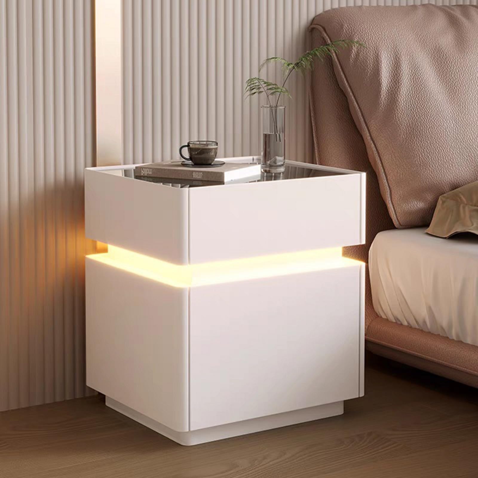Comodino moderno, intelligente in legno , comodino con scomparto segreto Design Moderno Minimal Striscia Con sblocco tramite impronta digitale LED in legno per Camera da Letto, Soggiorno(White-A)