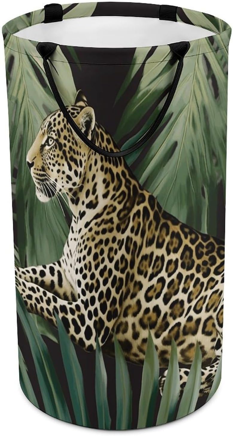Leopard Palm Leaf Laundry Hamper Freestanding Waterproof Clothes Hamper with Easy Carry Handles Large Collapsible Laundry Baskets Portable Dirty Clothes Basket