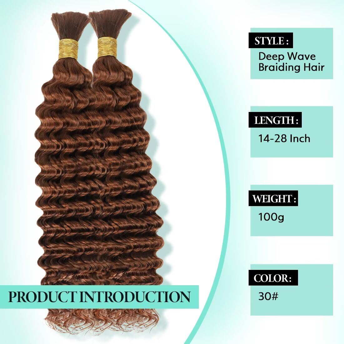 Boho Hair for Braiding, Curly Virgin Human Braiding Hair for Women, 12A Knotless Deep Wave Bulk Bohemian Styles, 100g 14 Inch 2 Bundles/Pack Auburn copper Color 30