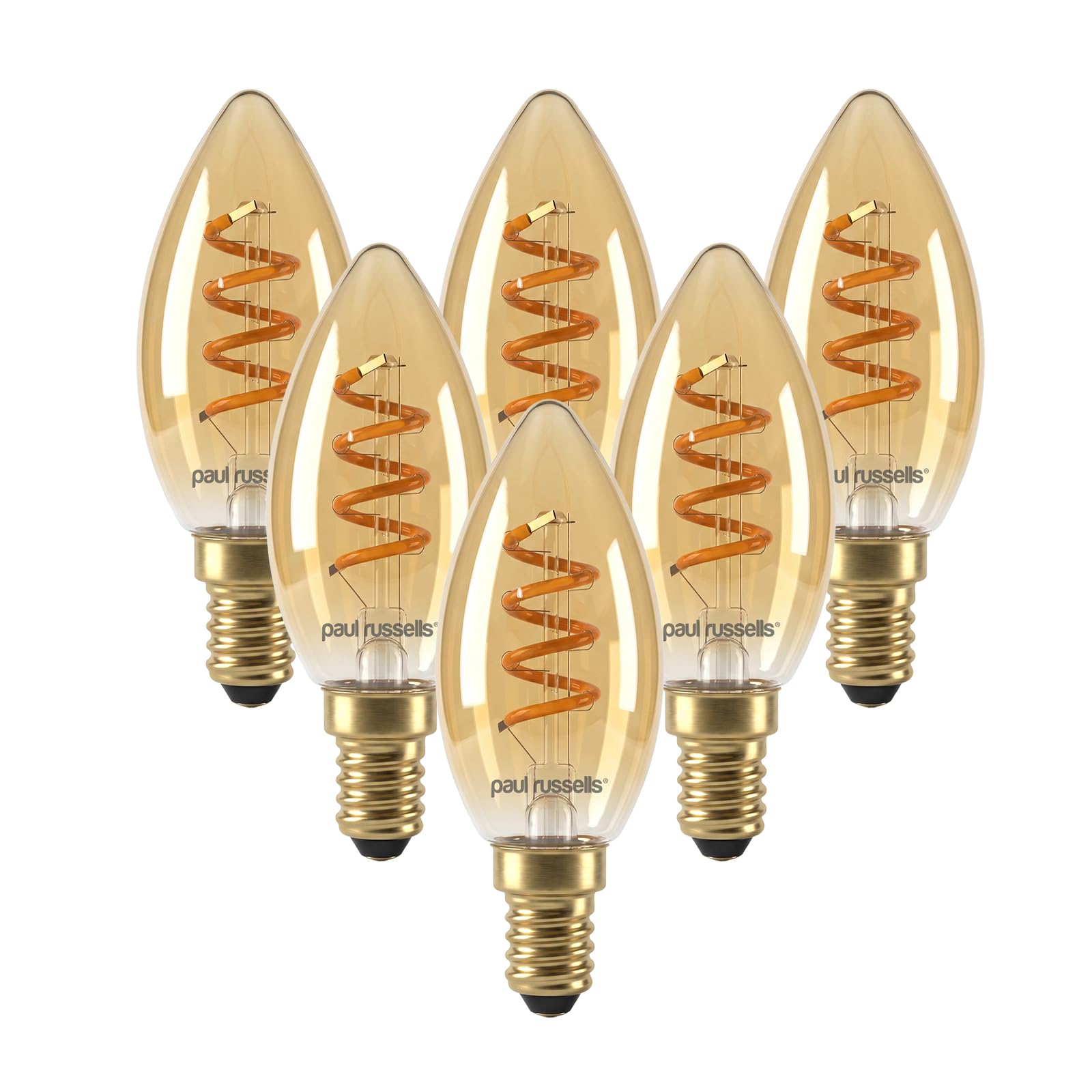 paul russells Dimmable Spiral LED Filament Small Edison Screw Candle Bulb, E14 2.5W (15W Equivalent) - 135LM, 1800K Extra Warm Vintage SES Amber Light, Decorative C35 Chandelier Lamp – Pack of 6