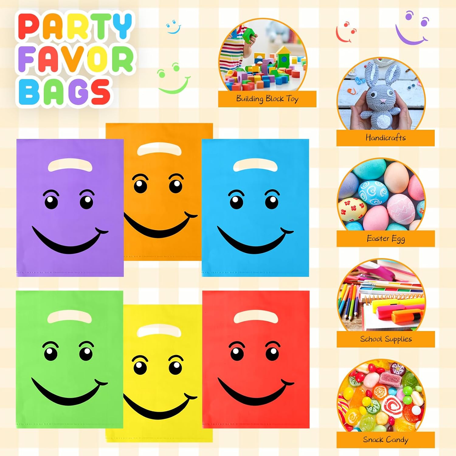 Geyee 300 Pieces Smile Face Gift Bags 6" x 8" Plastic Party Favors Goodie Treat Bags Bulk with Handle for Kids Birthday Party Classroom School Supplies(Multicolor)
