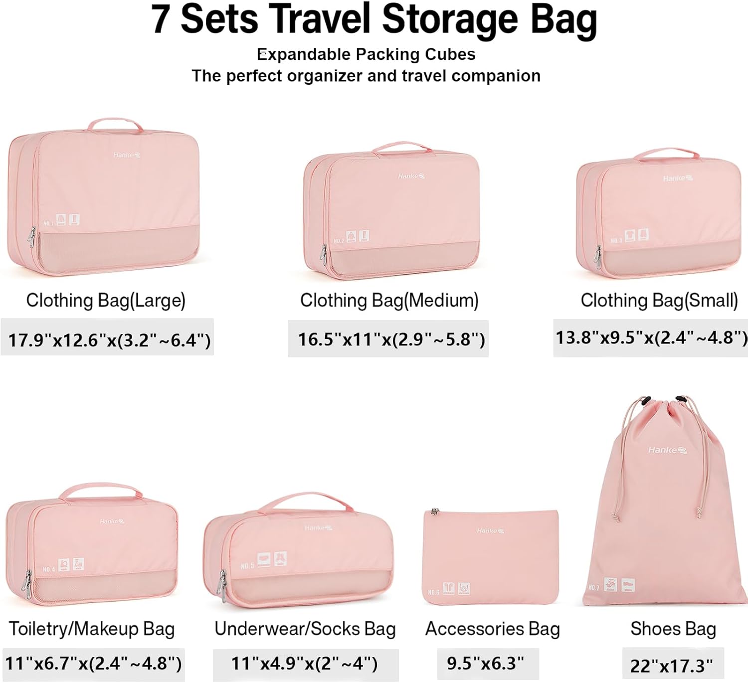 Hanke 7 Set Compression Packing Cubes for Travel, Expandable Large Packing Cubes for Suitcases and Backpack, Luggage Packing Organizer Bags with Double Zipper as Travel Essentials - Image 2