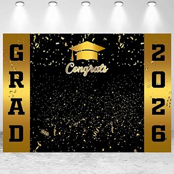 10x8ft Congrats Grad Backdrop Black Gold Class of 2026 Graduation Photography Background Congratulation Graduate School Prom Party Banner Decorations Photo Studio Props