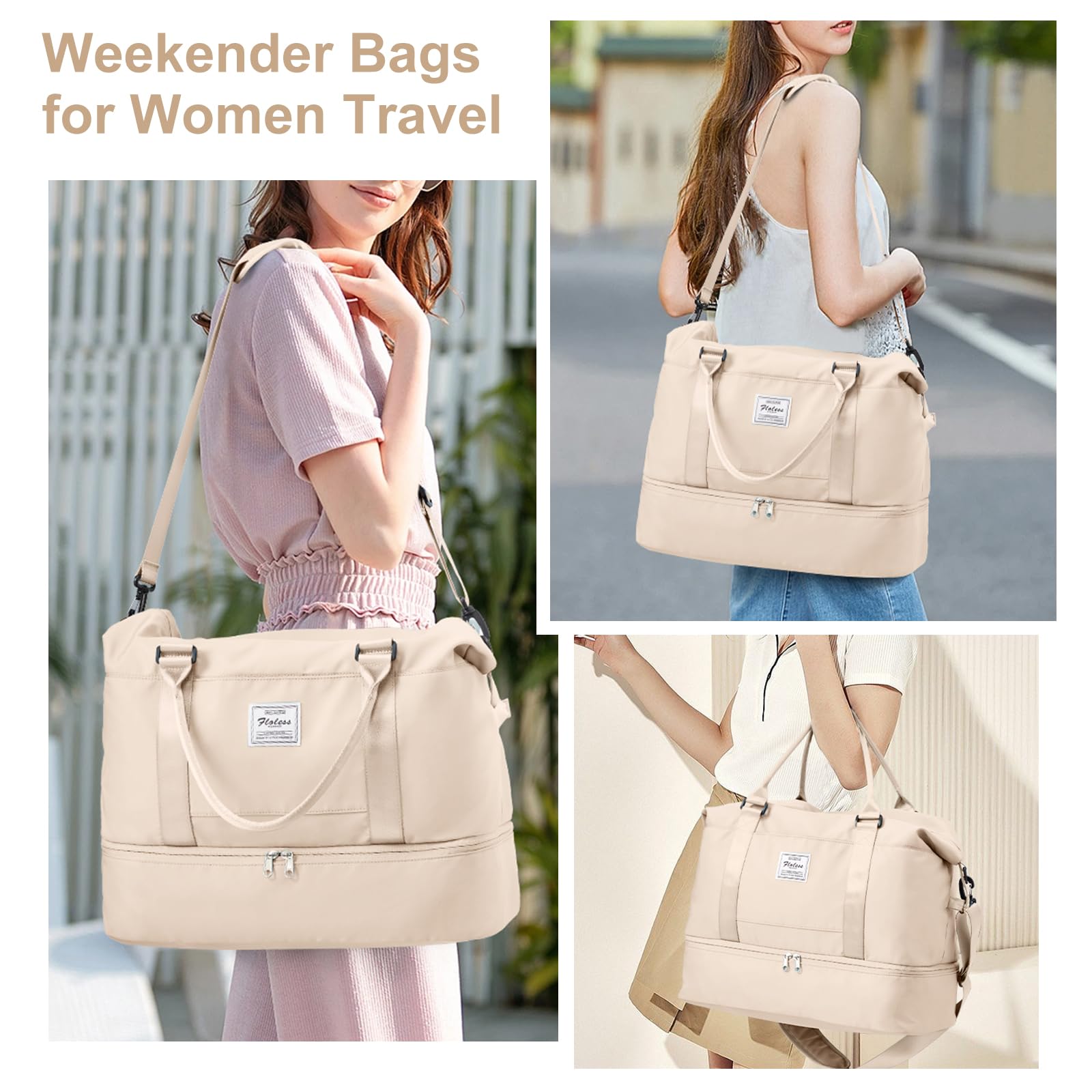 Borsone da Viaggio Donna, Bagaglio a Mano Borsa da Viaggio con Scomparto per le Scarpe, Borsa Sportiva Borsone da Palestra Grande, Borsa da Weekend, Borsa per Ospedale,C5 beige