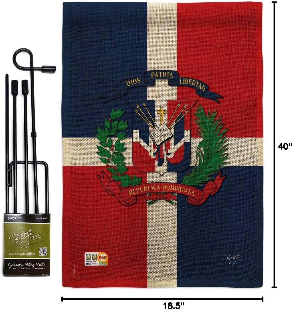Dominican Republic Burlap Garden Flag Set with Stand Regional Nationality Nation International World Country Particular Area Small Decorative Gift Yard House Banner Double-Sided Made In USA 13 X 18.5