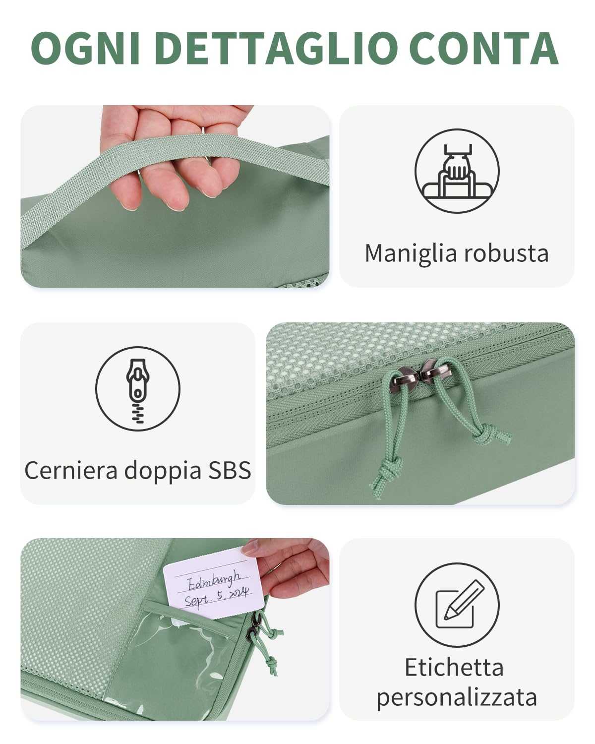 ECOHUB 6 Pezzi Organizer Valigia, Packing Cubes Salvaspazio con Tasca per Etichetta, Tessuto Ripstop Organizer Valigie, Viaggio Accessori Utili (Verde)