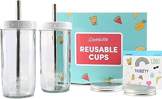 Daverly Way Reusable Boba Bubble Smoothie Cups With 4 Lids And 2 Metal Reusable Straws And Straw Cleaner In Fun Gift Box (...