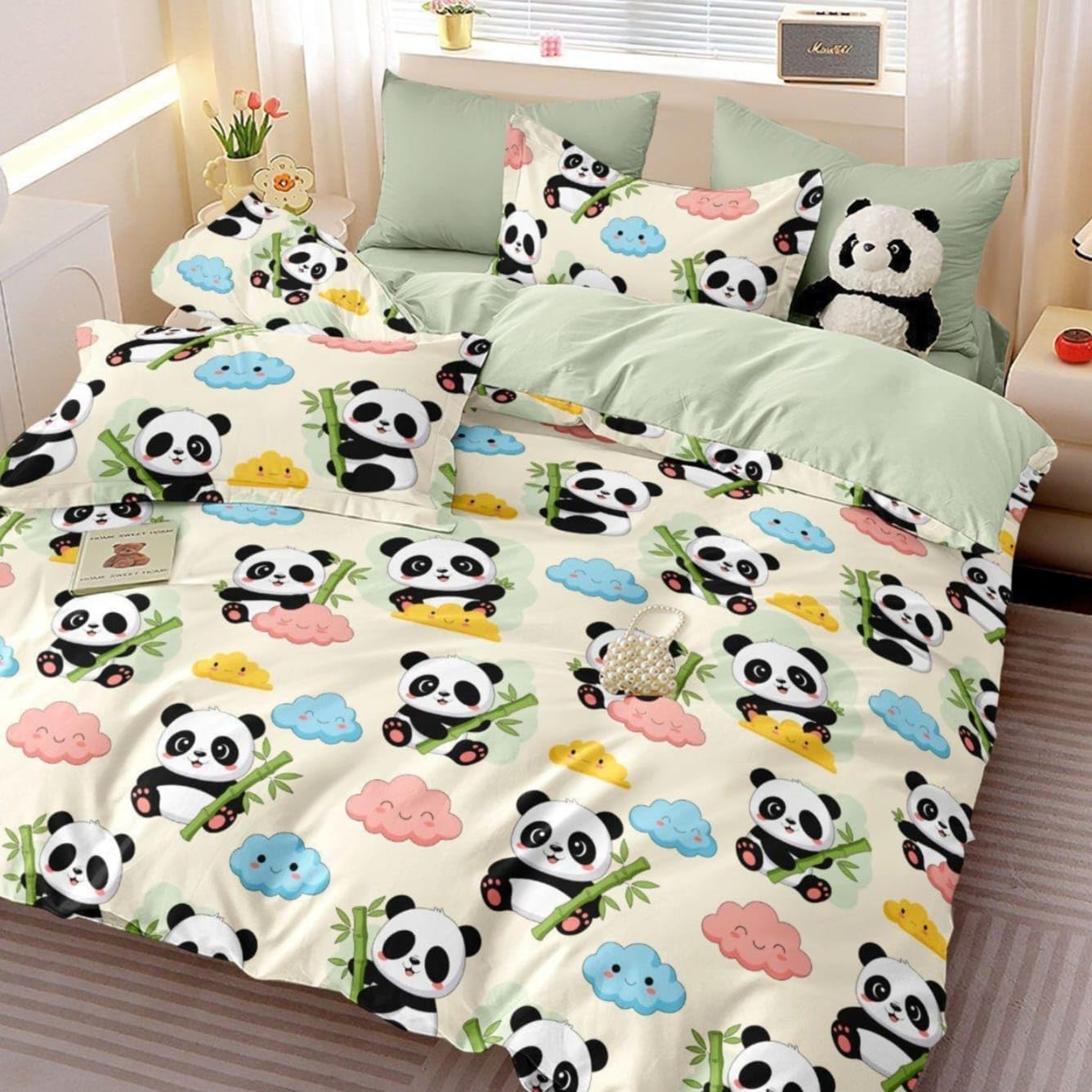 nhd home 350tc microfiber pure cotton ac comforter set king size double bed with 1 flat bedsheet-90x100 inch and two pillow covers ii 4 pcs bedding set -mint green panda