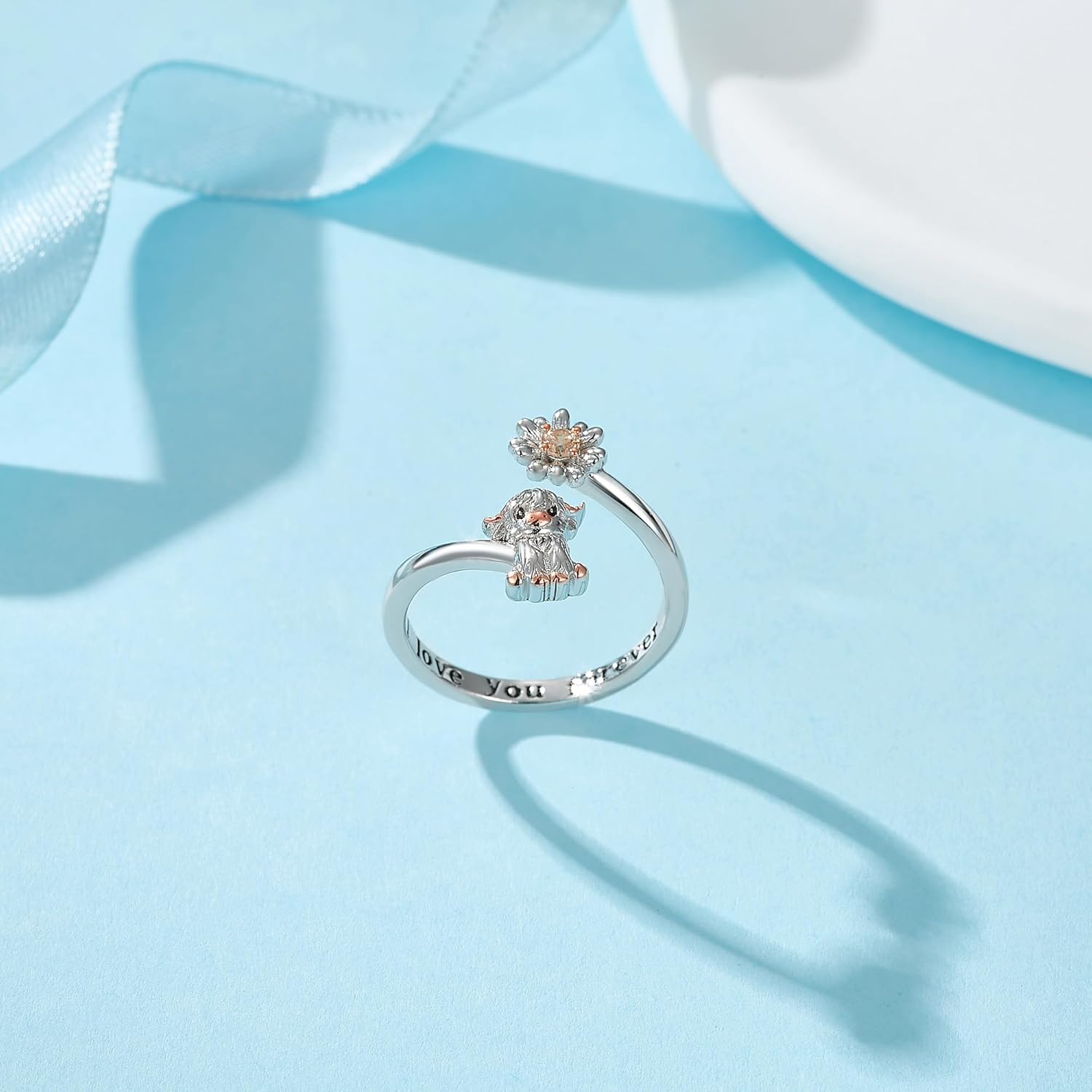 Animal Ring 925 Sterling Silver Highland Cow/Hummingbird/Elephant/Corgi/German Shepherd/Guinea Pig/Dragonfly/Shark Adjustable Open Ring Dasiy Moonstone Jewelry Gifts for Women Mom Grandma - Image 6