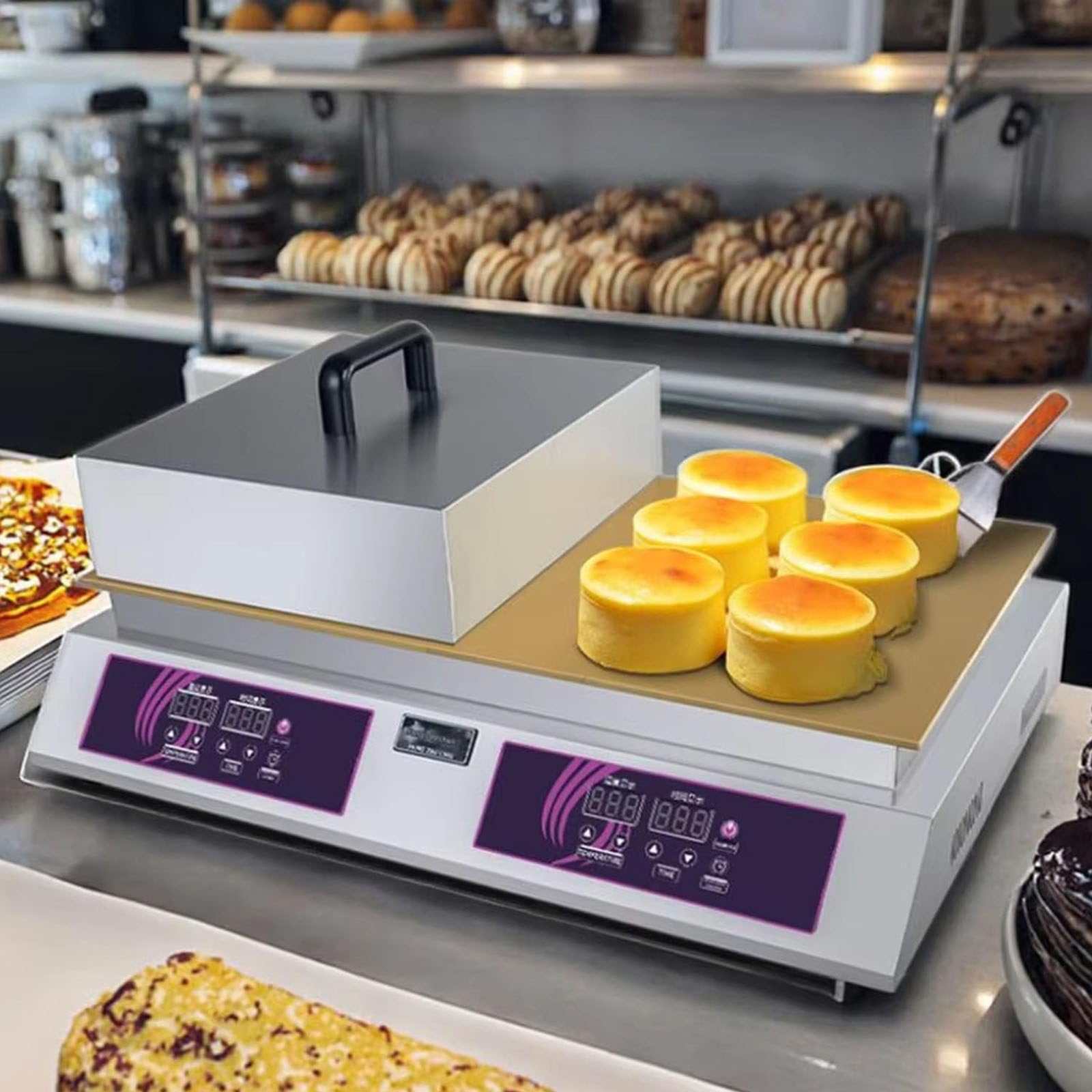 PixCy Commercial Electric Souffle Machine, Dorayaki Pancake Souffle Maker Machine, Temperature Range: 0-260℃, With Stainless Steel Cover, For Restaurants, Bakeries, Dessert Shops Doublehead