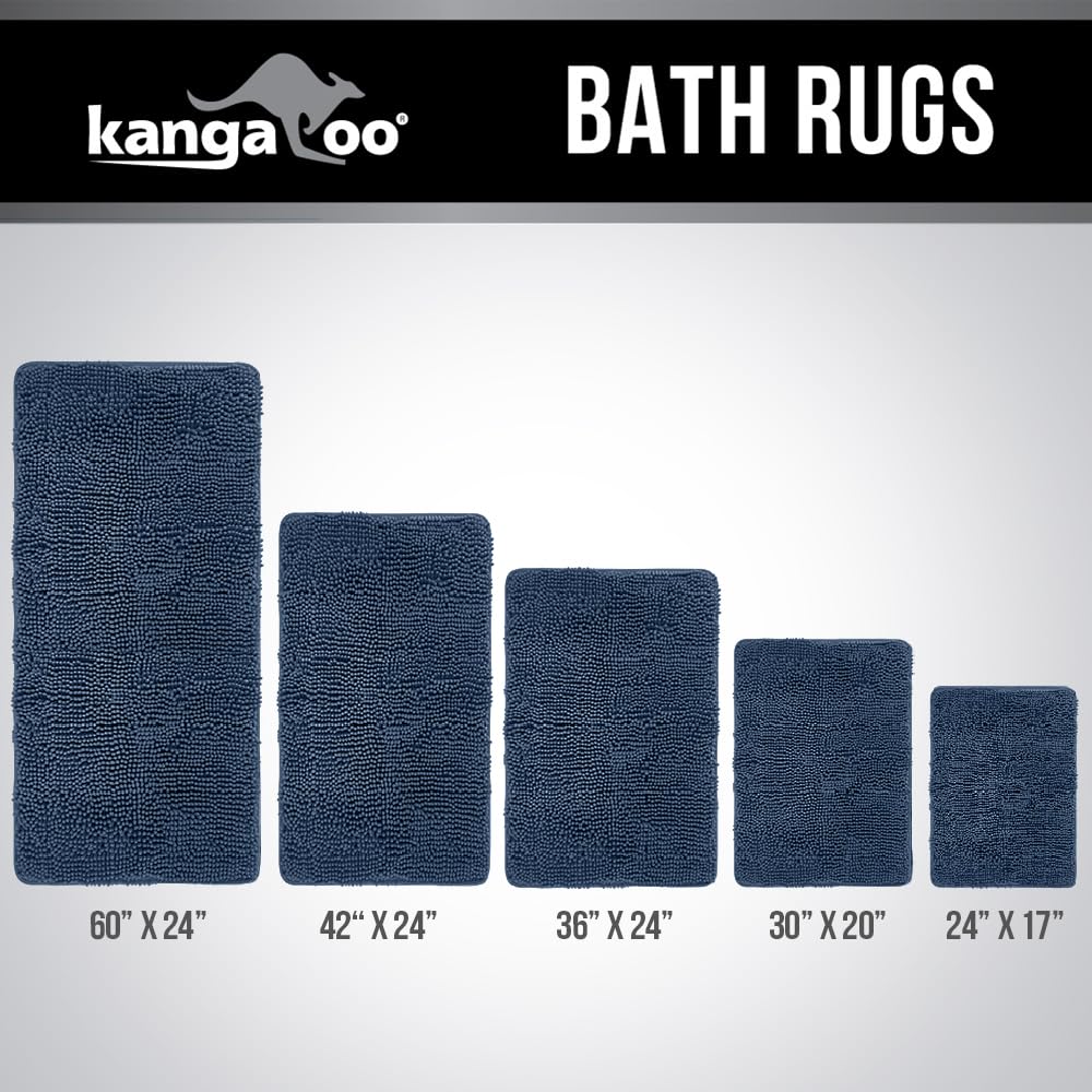 KANGAROO Alfombra de baño de felpa, 60 x 24, extra suave y absorbente Shaggy alfombra de baño, parte inferior fuerte, felpa, lavable para bañera, ducha y baño de niños, azul marino