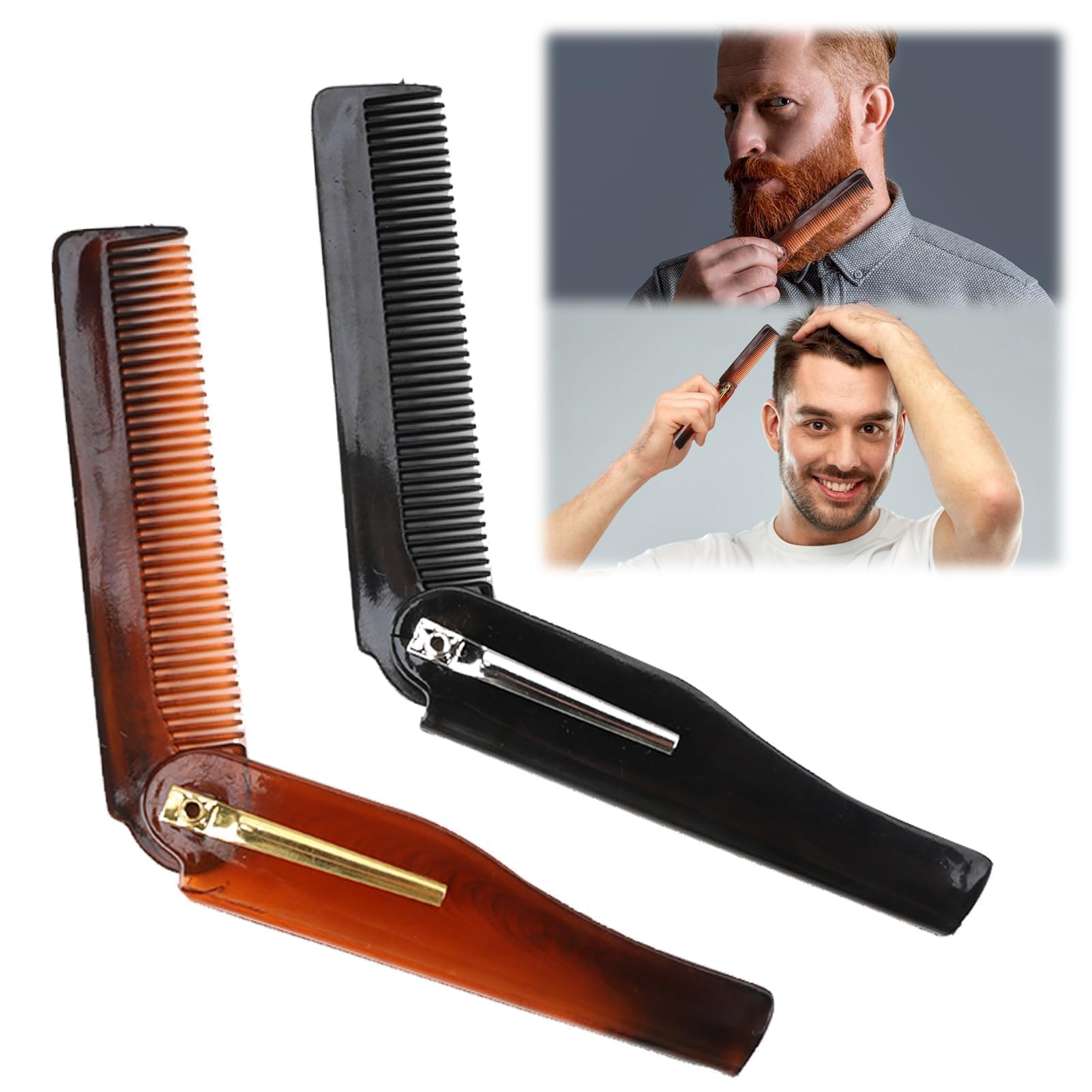 2 Piezas Peine Barba Hombre Plegable, Cabello con Decoración de Chapa Plástico Antiestático Peine Peinado Plegable para Hombres, Peines Disponibles para Viajar y Trabajar (Marrón y negro)