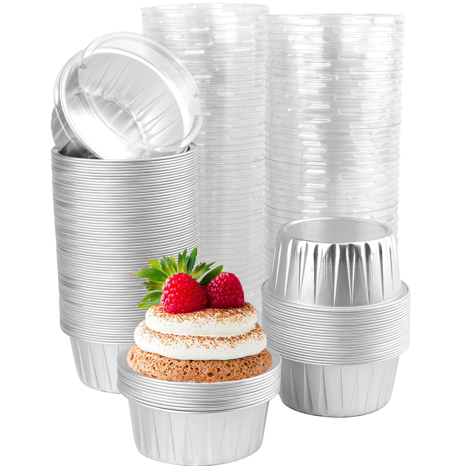 DEAYOU Paquete de 100 tazas de papel de aluminio para magdalenas, 5 onzas desechables para hornear magdalenas con tapa, boda, color plateado