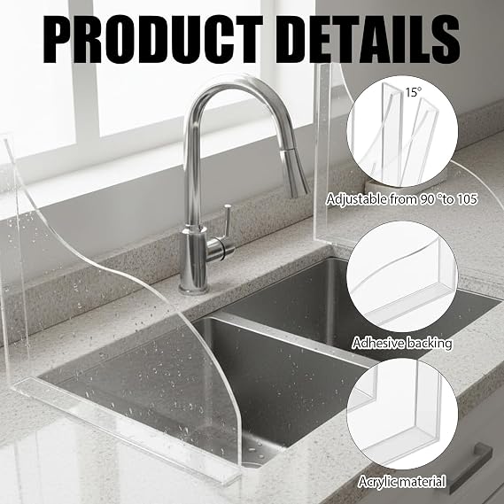 Bath Splash Guard, Shower Splash Guard, Sink Splash Guard, 2 Pack Acrylic Water Splash Guards for Bathroom Sink, Corner Basin, Shower Water Stopper Barrier