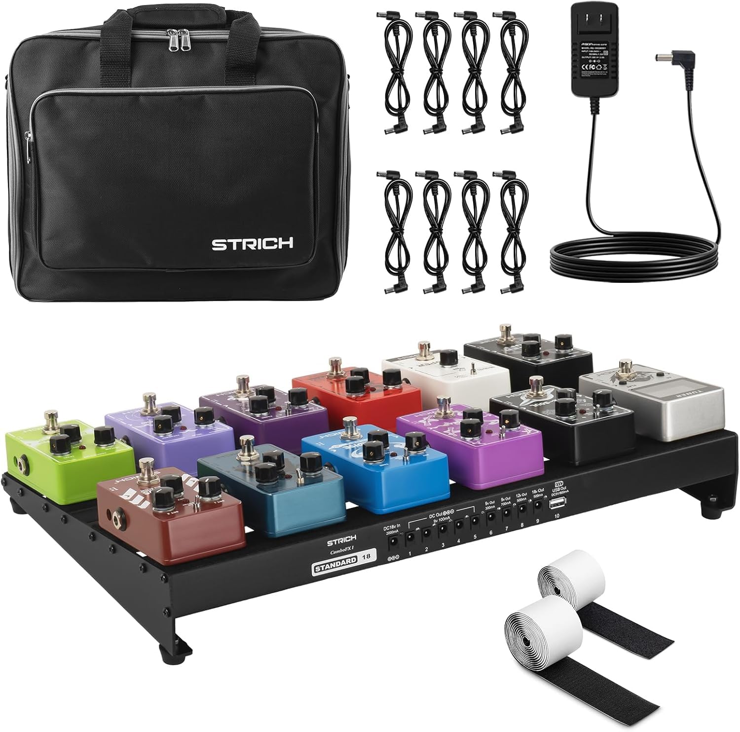 STRICH Pedal Board with Built-in Power Supply, Guitar Pedal Board 18" x 11"2.65lb Lightweight Aluminum Alloy with Pedal Cables, Bag, Hook Loop Strips STANDARD 18