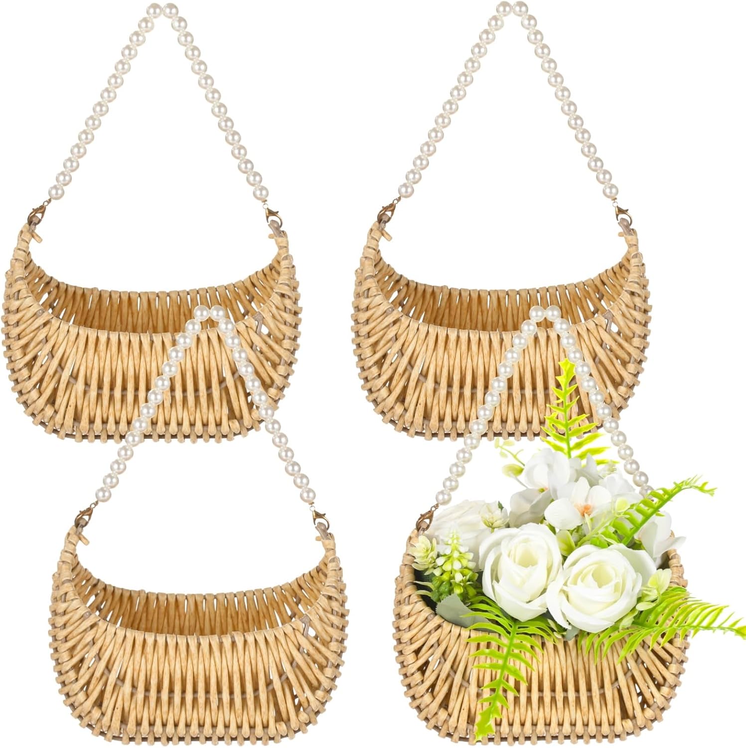 4 Pcs Rattan Flower Baskets, Pearl Handle Handwoven Baskets, Small Wicker Baskets, Sturdy and Elegant Design, Ideal for Weddings and Festive Decor