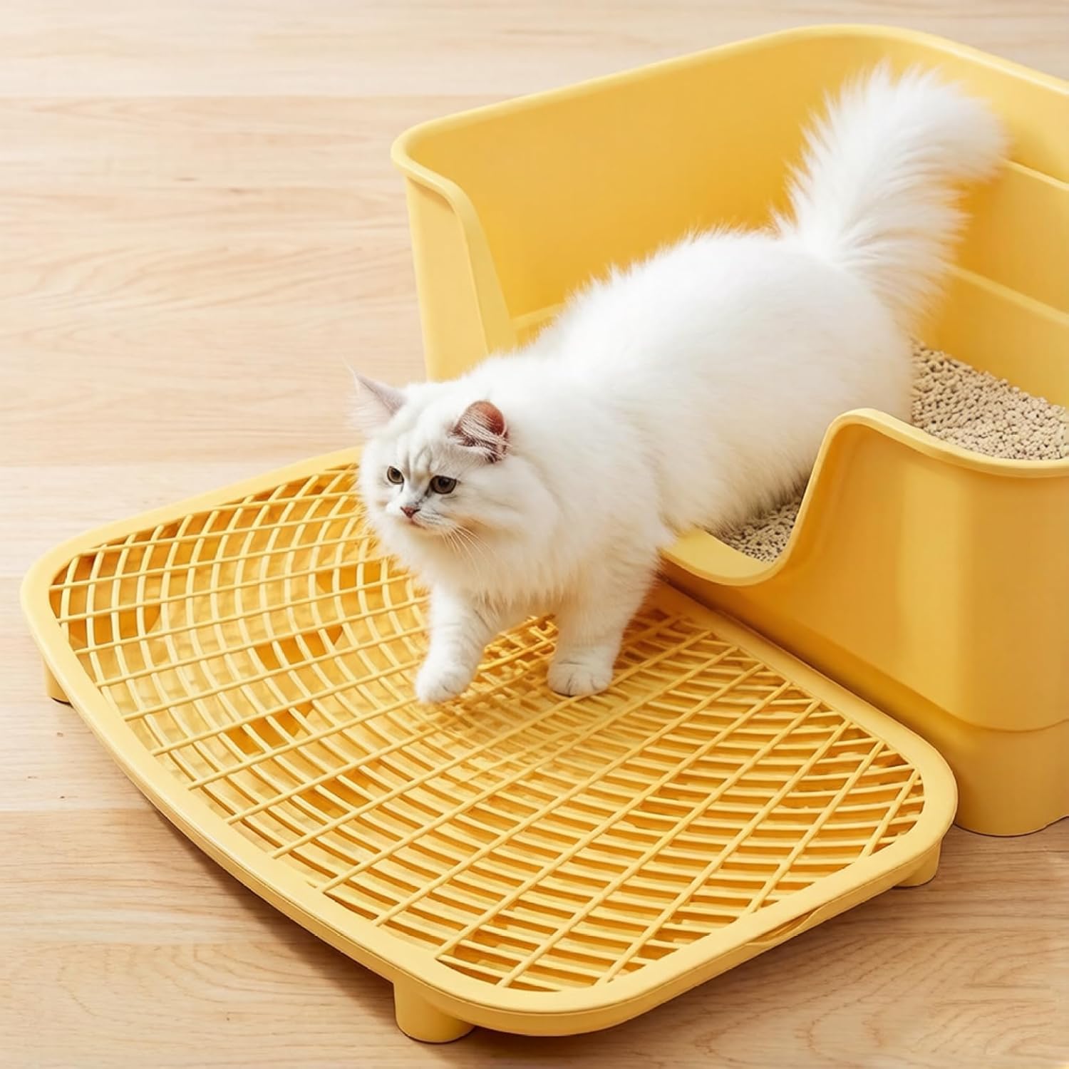Litter Box Ramp Large Litter Box Step with Removable Tray | Cat Catcher Mat with Adjustable Feet for Easy Entry, Yellow