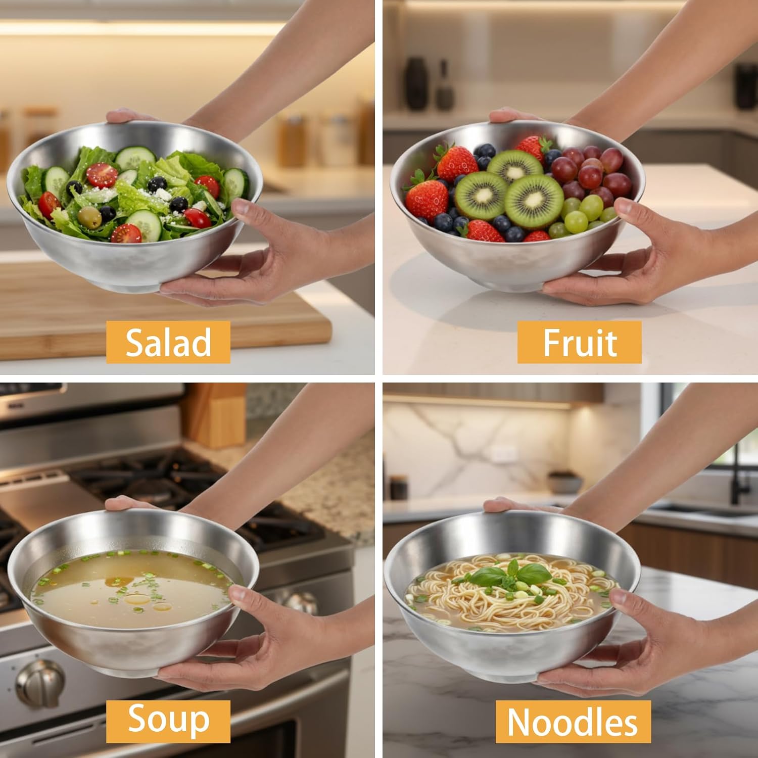 Molain 2 Pcs 54oz Large Double Walled Insulated Ramen Bowls, 304 Stainless Steel Salad Bowls Silver Soup Noodle Serving Bowl for Pasta Fruit Ice Cream Dishwasher Safe