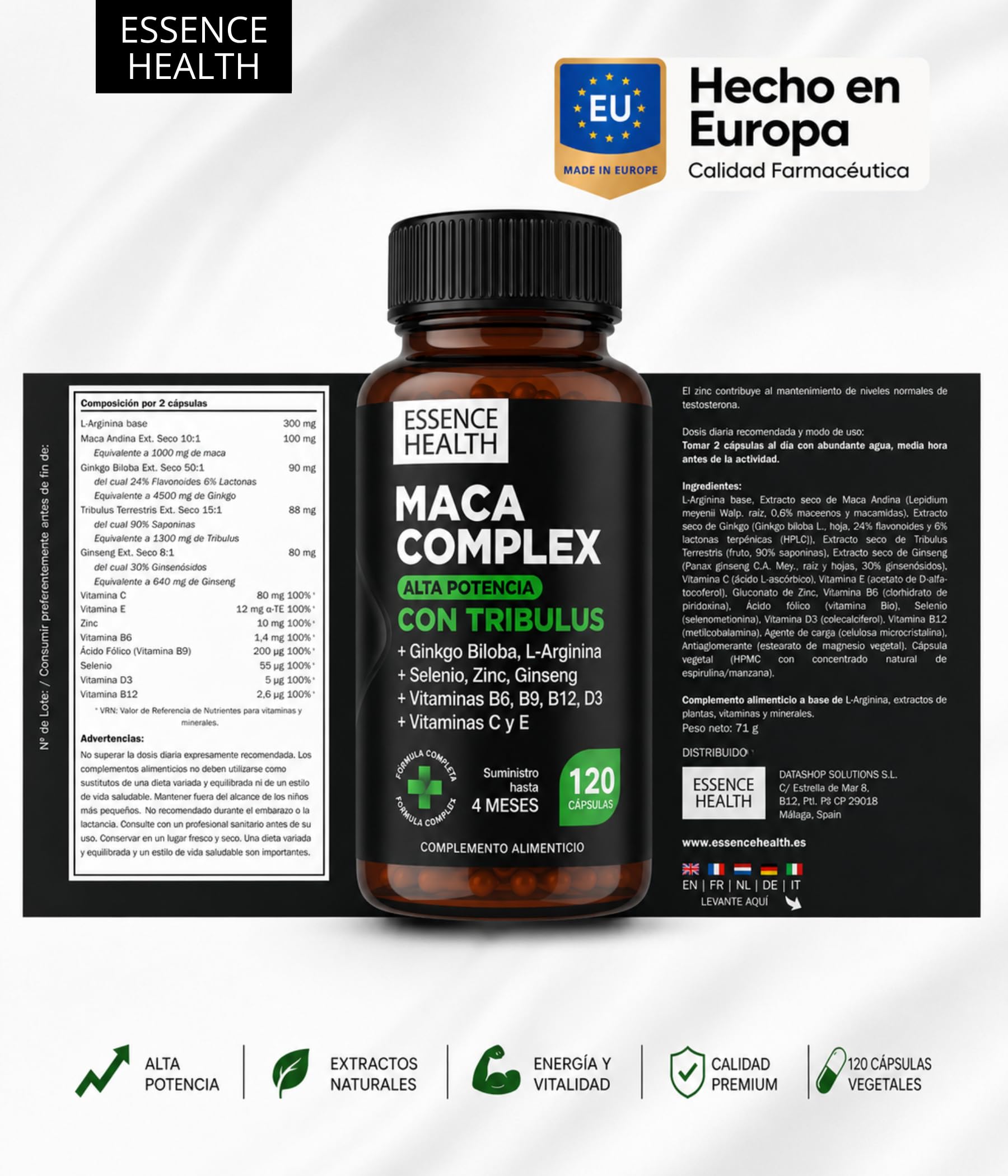 Maca Andina Negra Complex Alta Potencia | Maca Peruana con Tribulus y Ginseng | 120 Cápsulas Veganas | Mejora Equilibrio Hormonal | Rendimiento Ánimo Fuerza y Vitalidad |