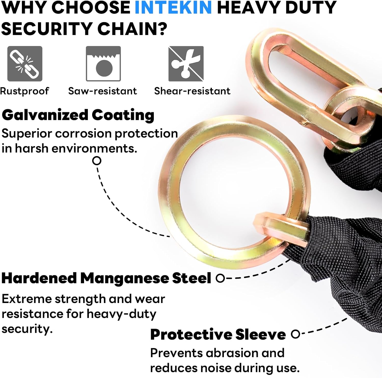Security Chain 4 ft x 3/8" Thick Bike Lock Chain - High Security Hardened Steel Cut Proof Chain for Bikes, Containers, Motorcycles, Trailers, ATV's