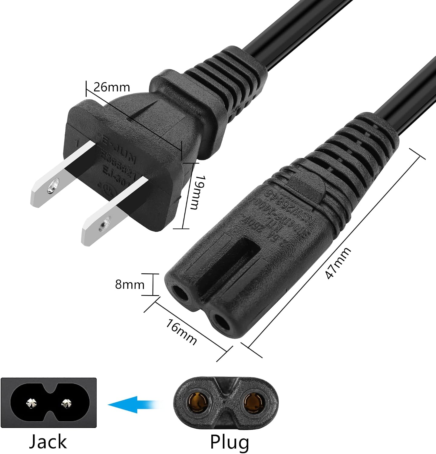 AC 2 Prong C8 Coiled Power Cable 6.5FT Standard 2.5A 250V 18 AWG for TV Power Replacement Cable (Black)