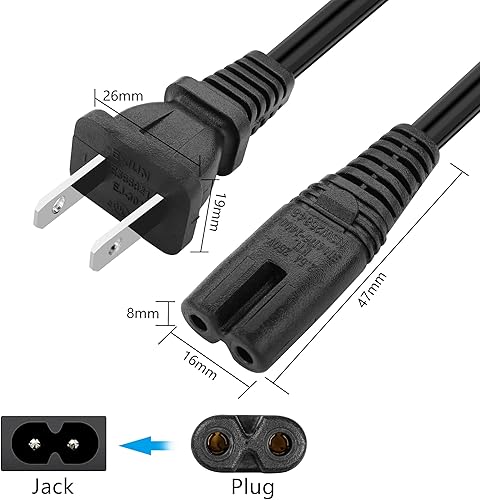 Miniatura 5 de PNGKNYOCN Cable de alimentación en espiral C8 de 2 clavijas de CA 6.5 pies estándar 2.5A 250V 18 AWG para cable de repuesto de alimentación de TV