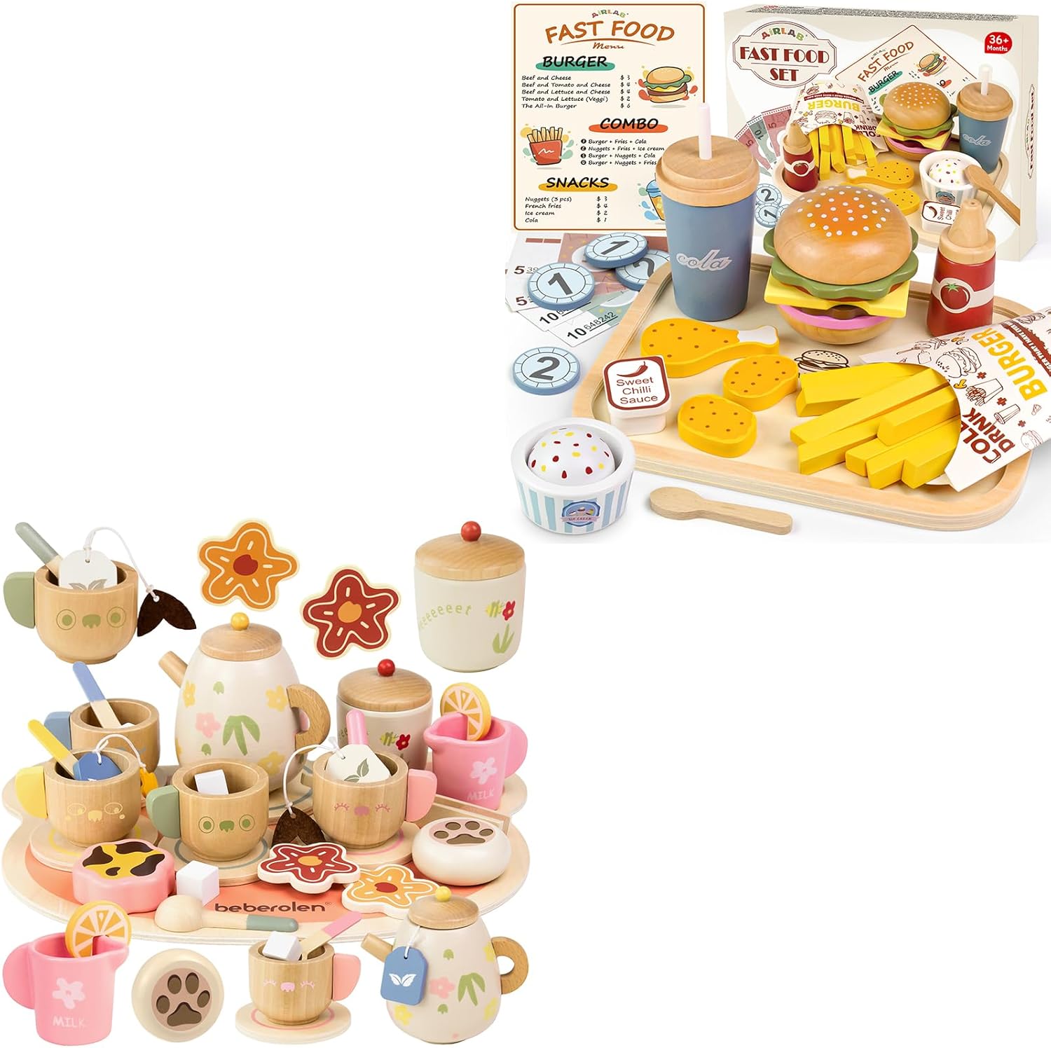 Wooden Hamburger Play Food Sets and Wooden Tea Sets for Toddlers 3-5