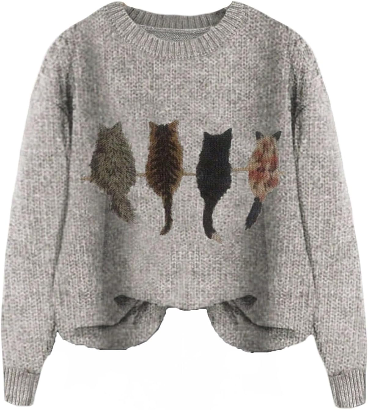 WDIRARA Women's Cat Graphic Sweater Long Sleeve Crew Neck Knit Tops Casual Knitwear