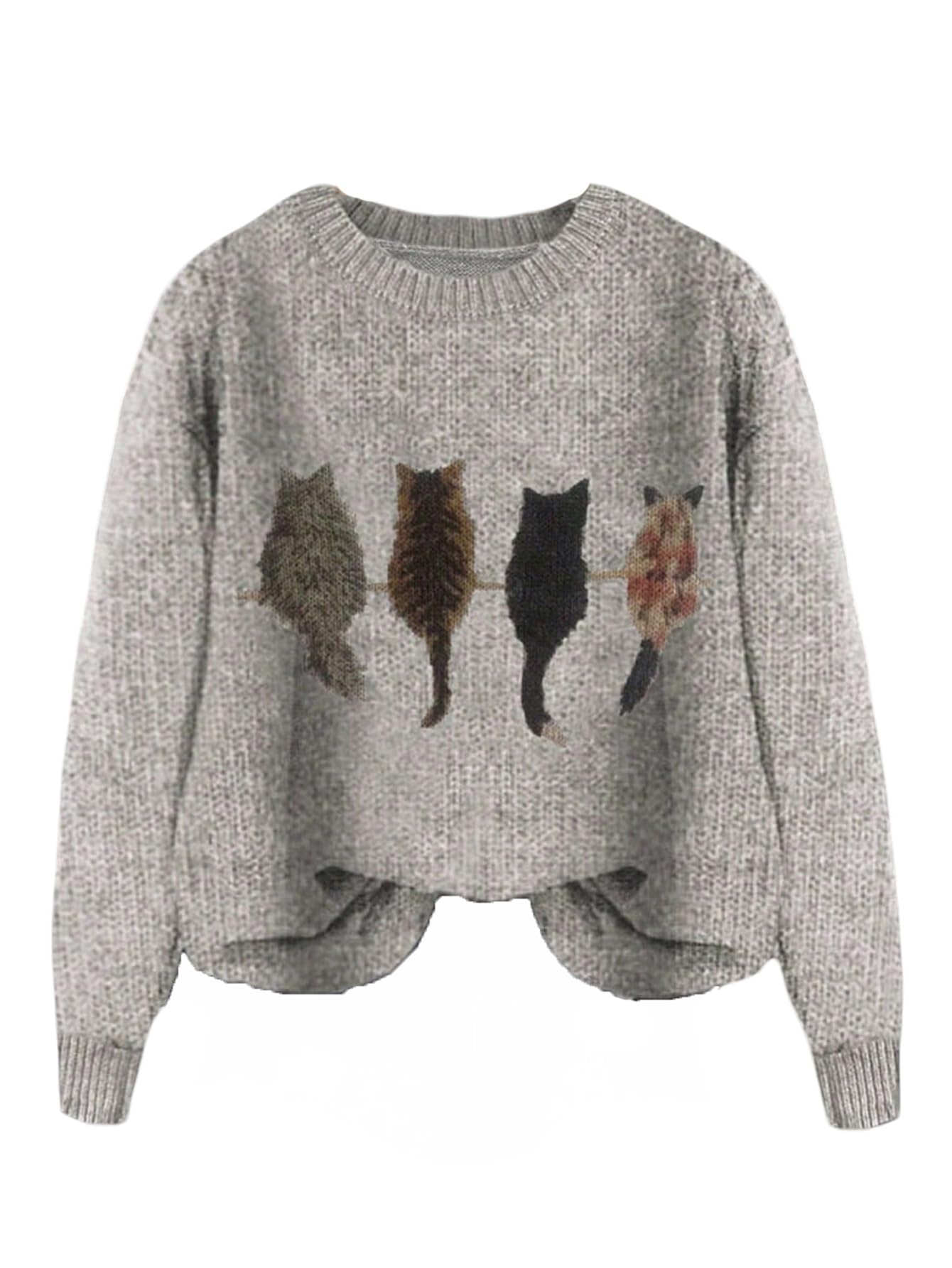 WDIRARA Womens Cat Graphic Sweater Long Sleeve Crew Neck Knit Tops Casual Knitwear