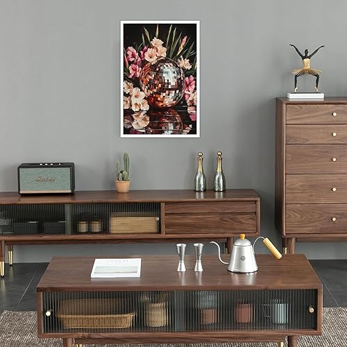 Miniatura 3 de ECUASMR Impresión artística de bola de discoteca entre flores coloridas, estilo de los años 60 y 70, arte de pared floral retro funky para