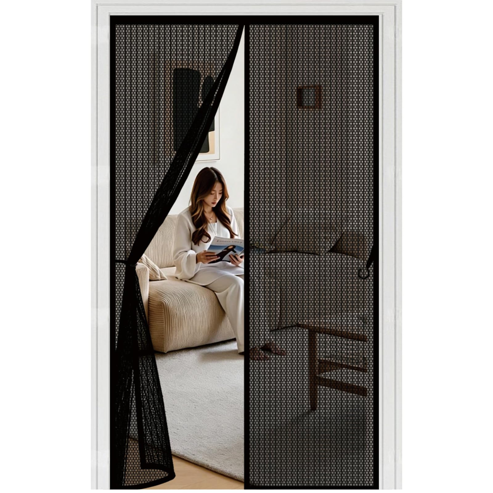 Door Fly Screen 76 x 196 cm Automatically Closes Keeps Bugs Out, Powerful Magnets and Magic Tape, No Drill Installation, Magnetic Screen Door Curtain Pet & Kid Friendly, Black